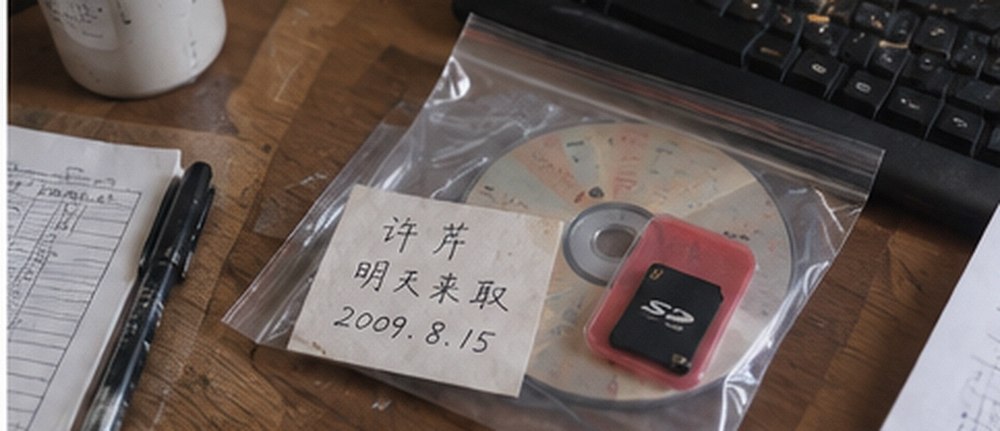 工作台复核时从斜角重新拍摄的透明袋、刻录盘、红色卡套内的SD卡和旧纸条