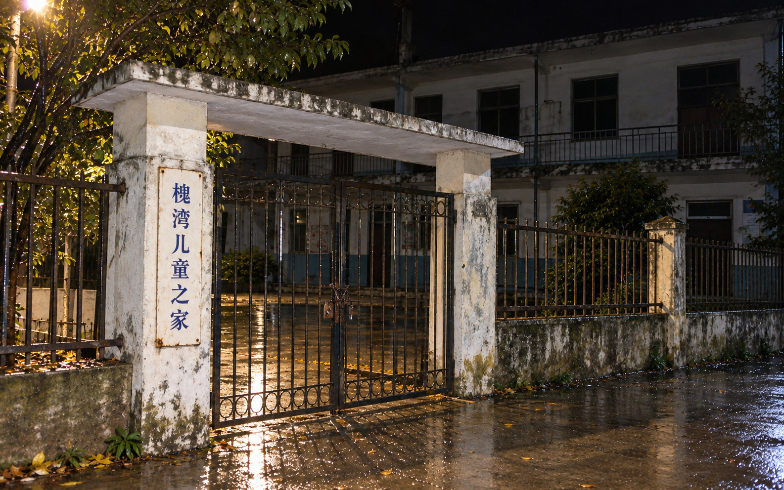 雨停前的儿童之家铁门，旧门牌与暗着的楼窗。