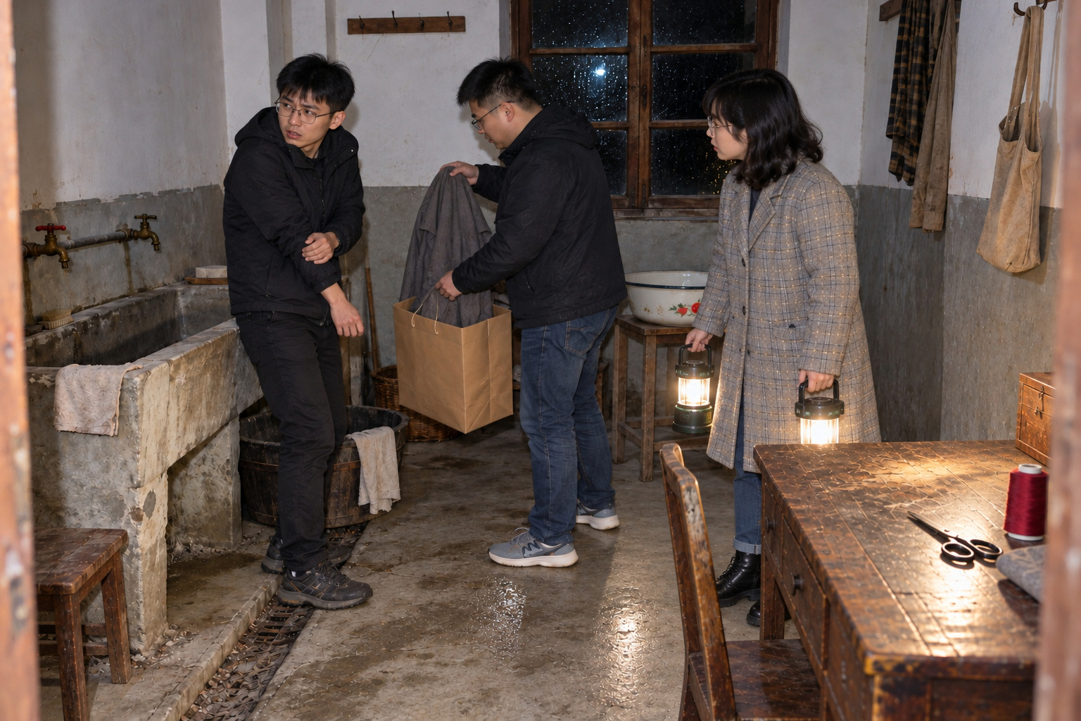 洗衣房门口，周野攥住袖口望向门外，欧阳澈收好灰外套，沈知禾接过两盏灯。