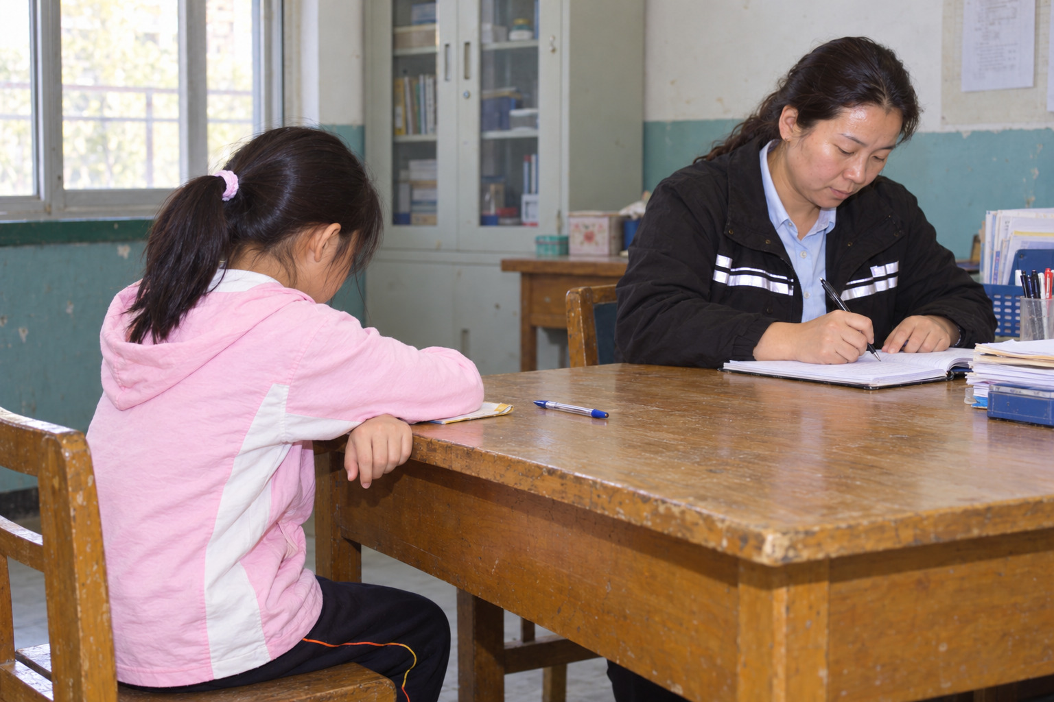 根据回访往事复原：司徒琴坐在值班桌旁，孩子用胳膊遮住练字本封面，另一支笔放在她手边，老师没有掀开她的手臂